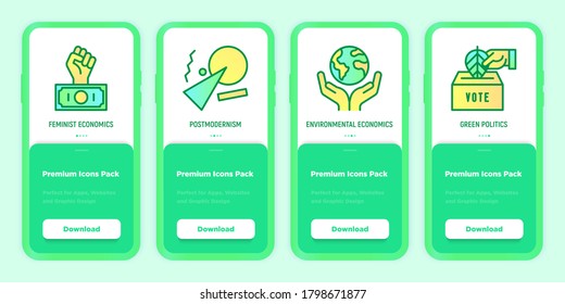 Green economy mobile user interface with thin line icons set: feminist economics, postmodernism, green politics. Vector illustration for environmental issues, template with copy space.