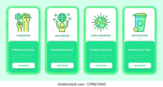 Green economy mobile user interface with thin line icons set: ecoanarchism, waste recycling, anti-globalism, global consumption. Vector illustration for environmental issues.