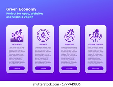 Green economy mobile user interface with thin line icons set: green growth, zero waste, circular economy, green planet. Vector illustration for environmental issues, template with copy space.