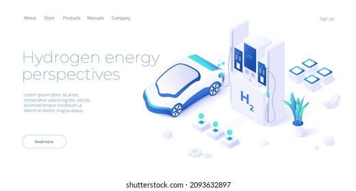 Concepto de economía verde y energía renovable en ilustración vectorial isométrica. Vehículo eléctrico de hidrógeno y vehículo de combustible h2. Plantas de energía sostenibles para un medio ambiente de tierra limpia. 