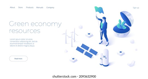 Concepto de economía verde y energía renovable en ilustración vectorial isométrica. Paneles eléctricos solares y turbinas eólicas. Plantas de energía sostenibles para un medio ambiente de tierras limpias