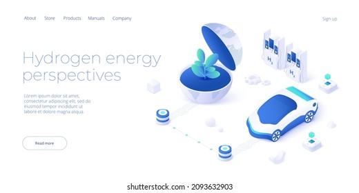 Green Economy And Renewable Energy Concept In Isometric Vector Illustration. Hydrogen Electric Car And H2 Fuel Vehicle. Sustainable Power Plants For Clean Earth Environment