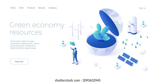 Green economy and renewable energy concept in isometric vector illustration. Solar electric panels and wind turbines. Sustainable power plants for clean earth environment . 