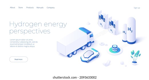 Green economy and renewable energy concept in isometric vector illustration. Hydrogen electric car and h2 fuel vehicle. Sustainable power plants for clean earth environment