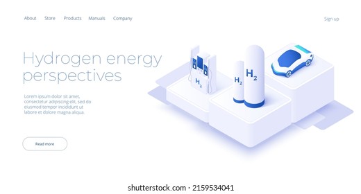 Green Economy And Renewable Energy Concept In Isometric Vector Illustration. Hydrogen Electric Car And H2 Fuel Vehicle. Sustainable Power Plants For Clean Earth Environment