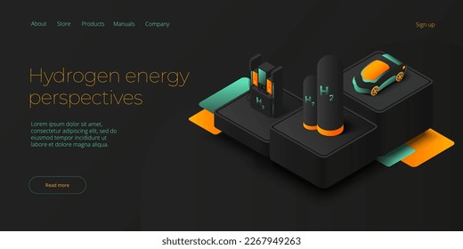 Concepto de economía verde y energía renovable en ilustración vectorial isométrica. Vehículo eléctrico de hidrógeno y vehículo de combustible h2. Plantas de energía sostenibles para un medio ambiente de tierras limpias