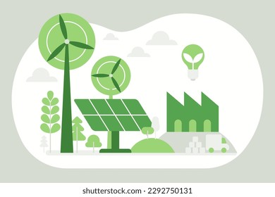 Green economy and renewable energy concept in flat vector illustration. Solar electric panels and wind turbines. Sustainable power plants for clean earth environment