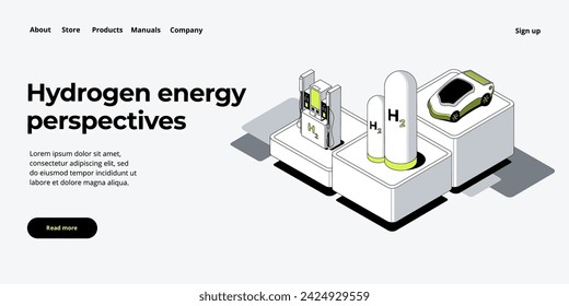 Green economy and renewable energy concept in isometric vector illustration. Hydrogen electric car and h2 fuel vehicle. Sustainable power plants for clean earth environment