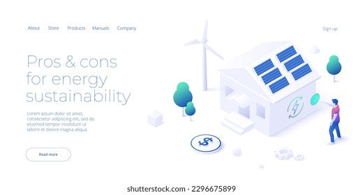 Green economy and renewable power concept in isometric vector illustration. Wind turbines and solar panels. Sustainable or power plants for clean earth environment