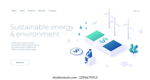 Green economy and renewable power concept in isometric vector illustration. Wind turbines as source of electricity economy. Sustainable or power plants for clean earth environment