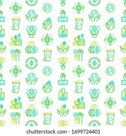 Green economy seamless pattern with thin line icons: financial growth, green city, zero waste, circular economy,anti-globalism, global consumption. Vector illustration for environmental issues.