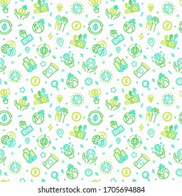 Green economy seamless pattern with thin line icons: financial growth, green city, zero waste, circular economy, anti-globalism, global consumption. Vector illustration for environmental issues.