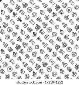 Patrón transparente de economía verde con iconos de línea delgada: crecimiento financiero, ciudad verde, cero residuos, economía circular, anti-globalismo, consumo global. Ilustración vectorial de las cuestiones ambientales.