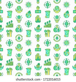 Patrón transparente de economía verde con iconos de línea delgada: crecimiento financiero, ciudad verde, cero residuos, economía circular, anti-globalismo, consumo global. Ilustración vectorial de las cuestiones ambientales.