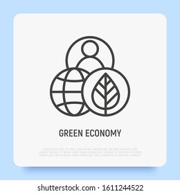 Green economy thin line icon. Globe, plant and human. Modern vector illustration.