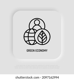 Green economy thin line icon. Globe, plant and human. Modern vector illustration.