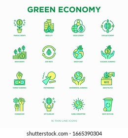 Green economy thin line icons set: financial growth, green city, zero waste, circular economy, green politics, anti-globalism, global consumption. Vector illustration for environmental issues.