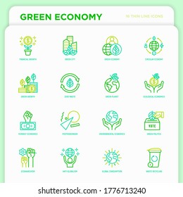 Green economy thin line icons set: financial growth, green city, zero waste, circular economy, green politics, anti-globalism, global consumption. Vector illustration for environmental issues.