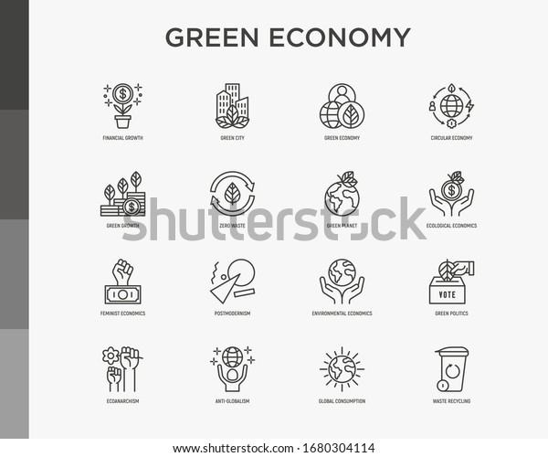 Green economy thin line icons set: financial\
growth, green city, zero waste, circular economy, green politics,\
anti-globalism, global consumption. Vector illustration for\
environmental issues.