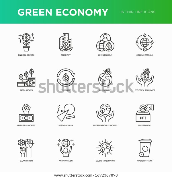Green economy thin line icons set: financial
growth, green city, zero waste, circular economy, green politics,
anti-globalism, global consumption. Vector illustration for
environmental issues.