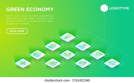 Green Economy Web Page Template With Thin Line Isometric Icons: Financial Growth, Green City, Zero Waste, Circular Economy, Global Consumption. Vector Illustration For Environmental Issues.