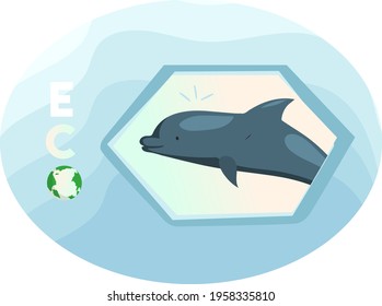 Green ecosystem of our planet. Huge dolphin is jumping. Globe with sea inhabitants