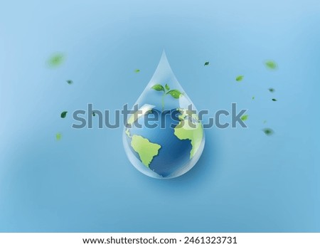 Green ecosystem surrounded by leaves inside water droplet, promoting clean water and Earth care.