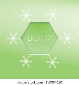 Green edition of a scalable 3d eps10 hexagon framed content or text field with a geometric abstract border and with a snowflake decoration around, a vector graphics for print or for universal use 