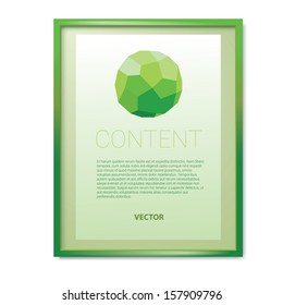 Green edition of a scalable and adjustable 3d, photo realistic vector background frame illustration with shiny plastic surface, A4 format paper sheet content holder, for universal use 