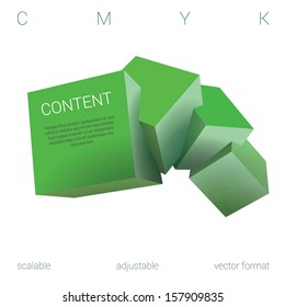 Green edition of a scalable adjustable eps10 3d vector abstract geometric minimal composition of four  isolated three dimensional cubes in empty space as a 3d web design element or for universal use