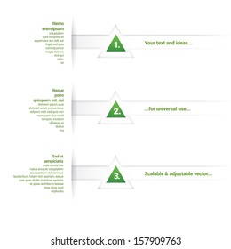 Green edition of scalable & adjustable vector composition of an abstract minimal geometric paper background based list elements with content field for numbering , triangles for universal use 
