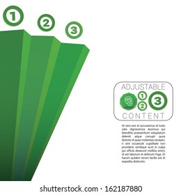 Green  edition of three 3d designed step style corner point composed background illustration element for web for print, for a minimal layout, or vertical ordered simple menu for universal use