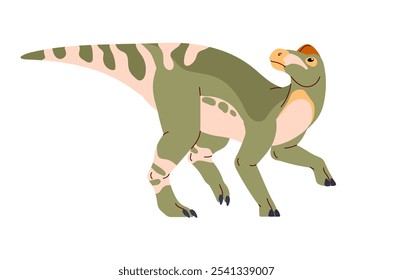 Edmontossauro verde. Dinossauro grande com crista na cabeça e pele estampada. Dino herbívoro, réptil antigo, animal da era Jurássica. Paleontologia. Ilustração de vetor isolado plano sobre fundo branco