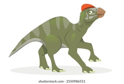 Green Edmontosaurus. Large dinosaur with a crest on its head and patterned skin. Herbivorous dino, ancient reptile, animal from the Jurassic era. Paleontology. Flat isolated vector illustration on whi