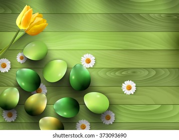 Green eggs and spring flowers on a green wooden background. Vector illustration.