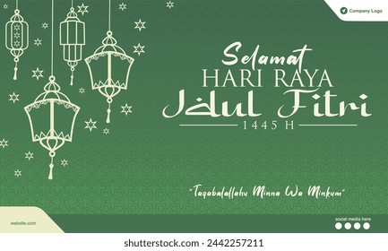 Green Eid Al Fitr 1445 H 2024 Banner and Greeting Card Template. Eid Mubarak Sale. Selamat Idul Fitri 1445 H. Vector Illustration