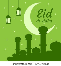 green Eid al-Adha greeting design. mosque illustration design. design for templates.