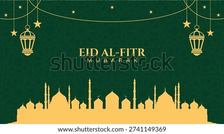 Green Eid Mubarak background with mosque silhouette