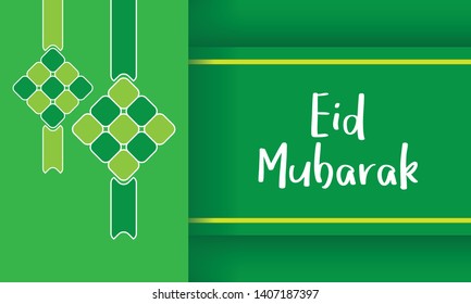 Green Eid Mubarak greeting card background with malay traditional rice dumpling. 