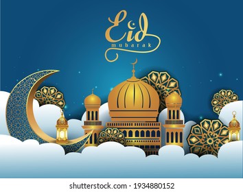 Green Eid Mubarak Greeting card. Arabic golden Mosque, clouds, gold lanters. Paper cut style. Round pattern. Vector illustration	