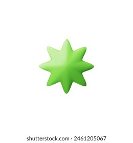 Green eight pointed star realistic 3D design. Glossy badge, best award, tag label. Rating star volume icon isolated. Achievement for game, ui app interface. Geometric shape vector render illustration