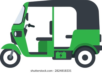 Green electric auto rickshaw with battery icon. Flat design of an eco-friendly green and black electric rickshaw featuring a battery symbol for clean energy transportation. Ideal for sustainability or green energy campaigns.