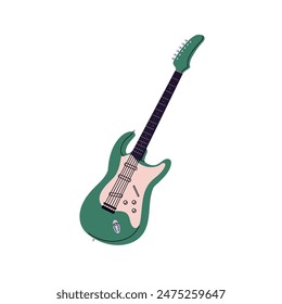 Green electric bass guitar. Professional string music instrument for rock concert. Guitarist equipment for modern punk, heavy metal performance. Flat isolated vector illustration on white background