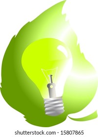 Green electric bulb on the background of green leaf