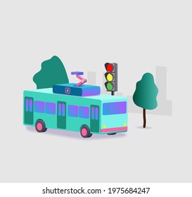 Green electric bus in isometry against the background of trees and urban landscape
