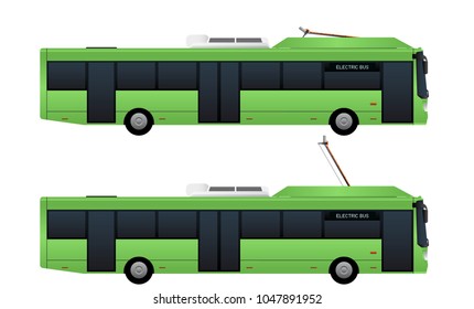 Green electric bus with pantograph for quick charging. Vector illustration EPS 10