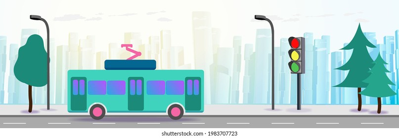 Autobús eléctrico verde baja por la calle al fondo de la metrópolis