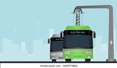 Green electric bus at a stop is charged by pantograph. Gray bus on a background. Vector illustration EPS 10