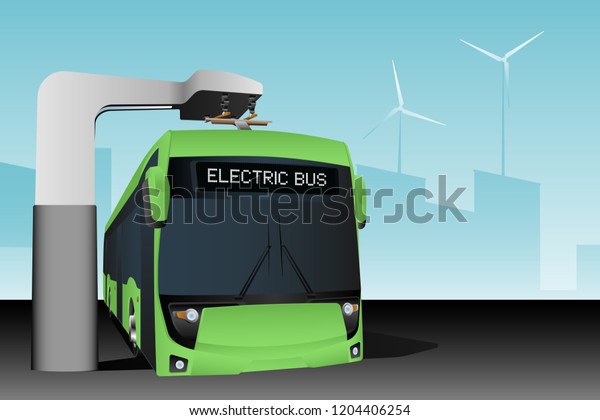 Green electric bus at a stop is\
charged by pantograph. Vector illustration EPS\
10