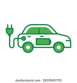 Green electric car being charged with a green plug and cord connected to the vehicle